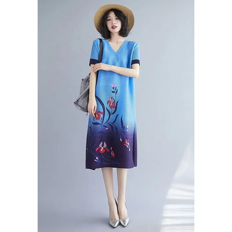 

Женское плиссированное платье с коротким рукавом, ТРАПЕЦИЕВИДНОЕ ПЛАТЬЕ средней длины в этническом ретро-стиле с V-образным вырезом и принтом, Новинка лета 2023