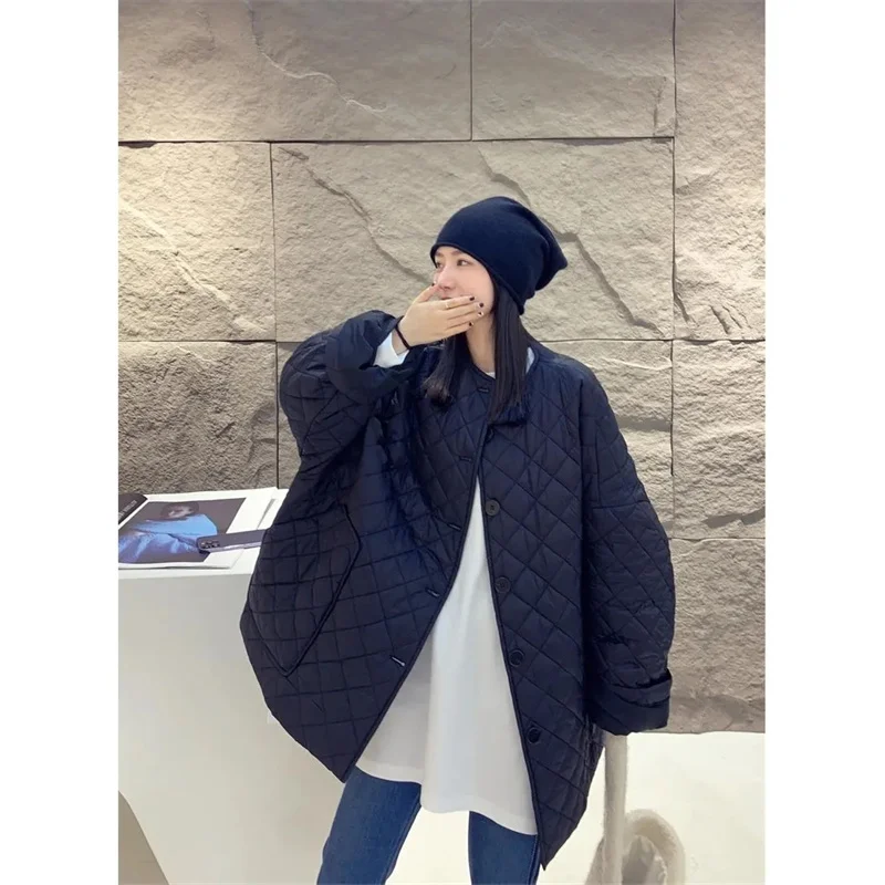 Autumn/Winter 2023 European American Style Round Neck Button up Solid Diamond Plaid Embossed Large Pocket Cotton Coat for Women