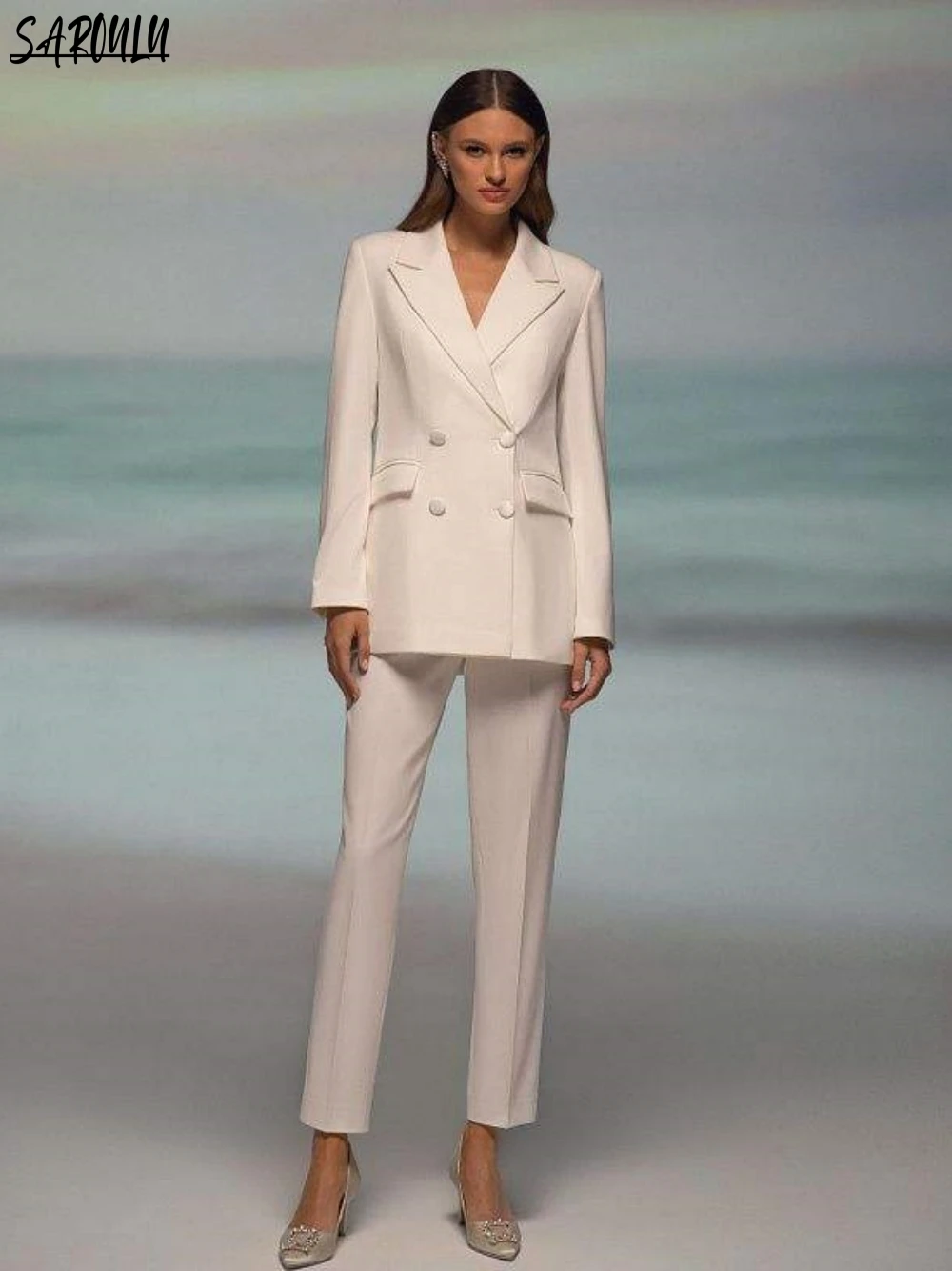 

Classic Deep V-neck Bride Robe Two Piece Suit Set Bridal Dresses Modern Simple Long Sleeve Evening Dress Vestidos De Novia