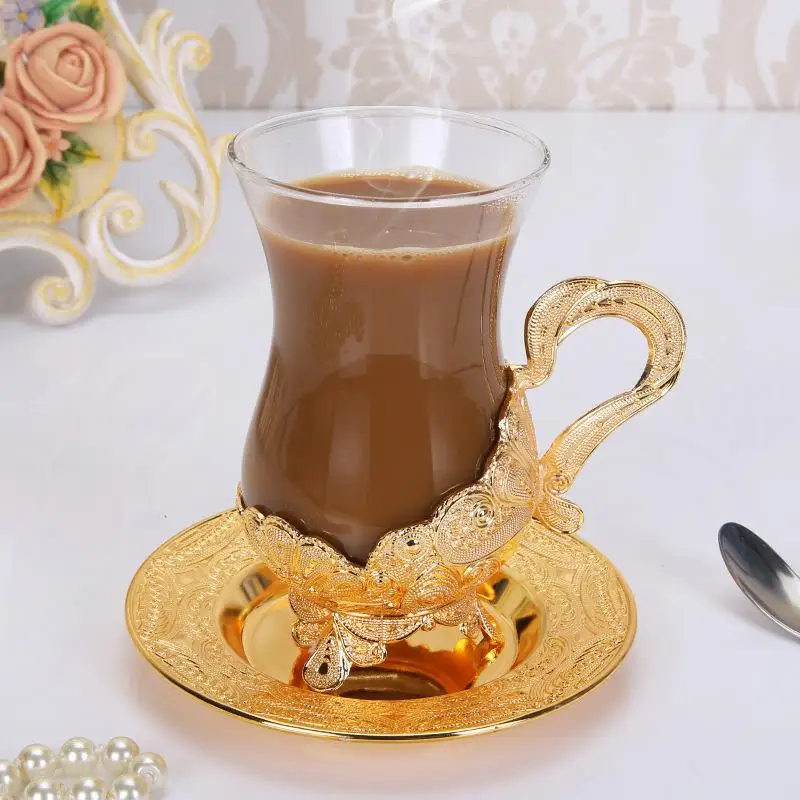 

Glass Coffee Cup Set With Gold Tray Glass Mug Heat-Resistant Beer Tea Cup Milk Juice Mug Drinkware Birthday Weeding Gift