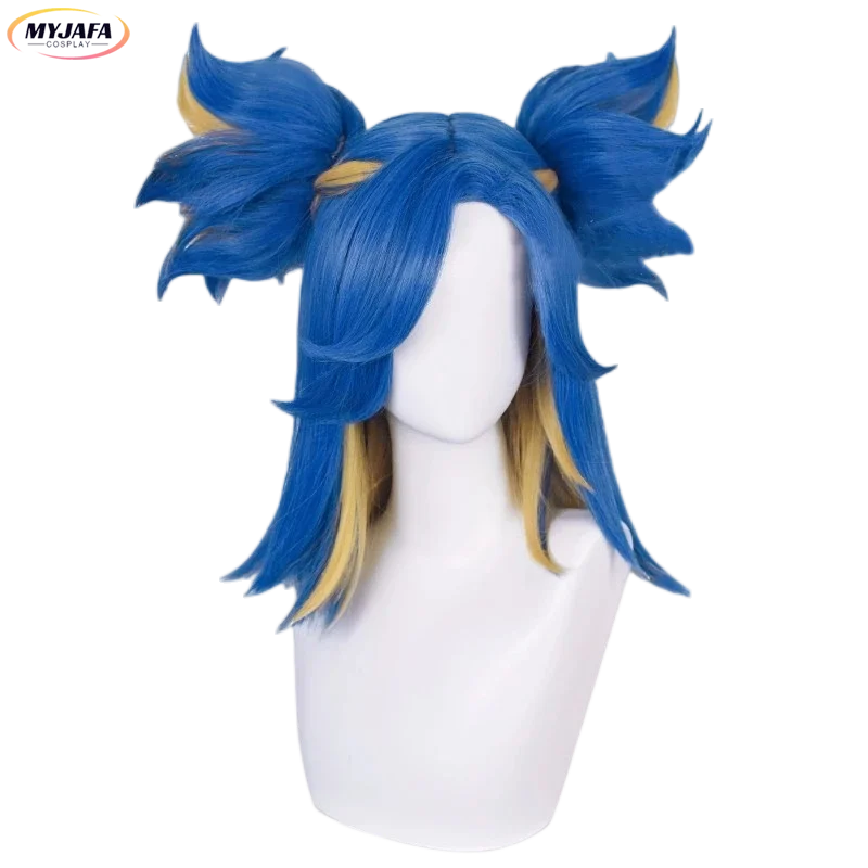 Game Valorant Neon Cosplay Wig Short Blue Mix Blond With 2 Clip Ponytails Heat Resistant Synthetic Hair Role Play Wigs + Wig Cap