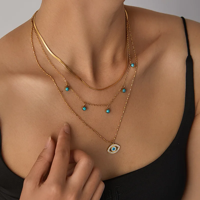 Multi-layer Chain Turquoise Turkish Evil Eye Stainless Steel Statement Collar Necklace Fashion Ethnic Style Jewelry for Women 5