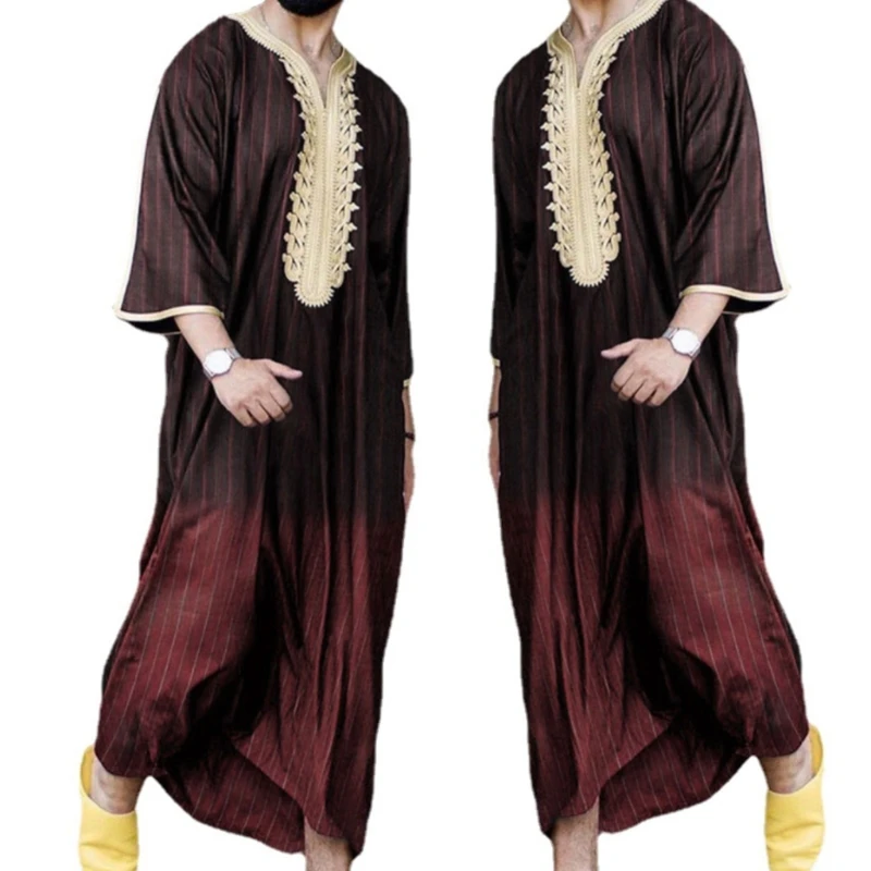 

V-Neck Muslim Mens Long Sleeve Thobe Middle East Saudi Arab Kaftan Islamic Abaya Dress Dubai Robes with Striped Pattern