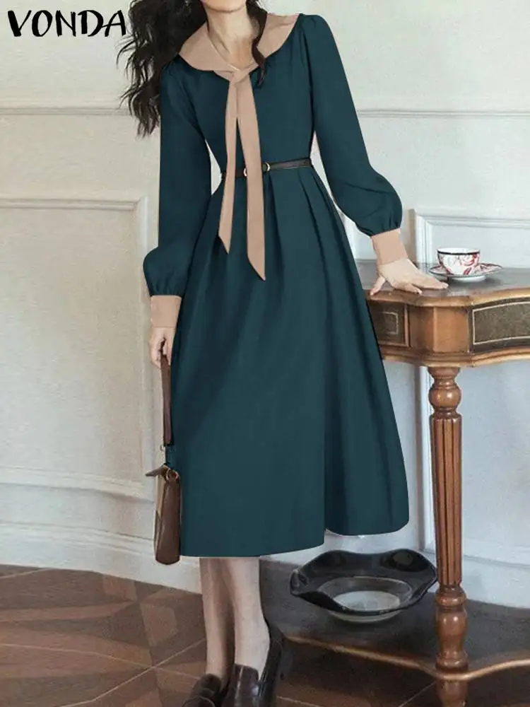 

2024 VONDA Women Fashion Solid Color Midi Dress Lapel Collar Bow Knot Long Sleeve Casual Sundress Elegant Loose Pleated Vestidos