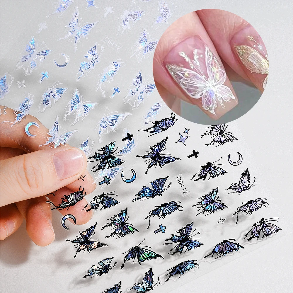 12pcs 반짝 이는 3D 홀로그램 나비 네일 아트 스티커 자기 접착 레이저 반짝이 네일 디자인 포일 DIY 매니큐어 장식 네일 아트