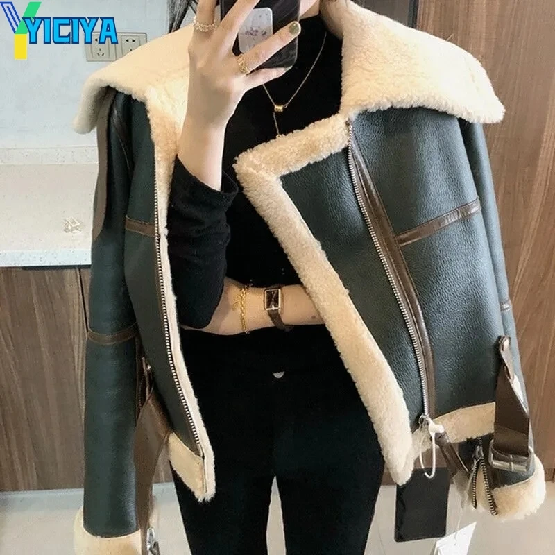 

YICIYA faux fur Leather Jacket racing Bomber Women Vintage Winter Female Zipper Coat Moto Biker Outwear jackets coats fashion