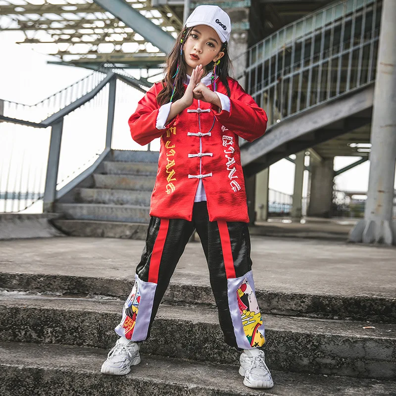 

Fashion Hip Hop Outfit Girls Chinese-style Red Letter Print Top Black Elastic Waist Patchwork Casual Pant 2pcs Street Dance Wear