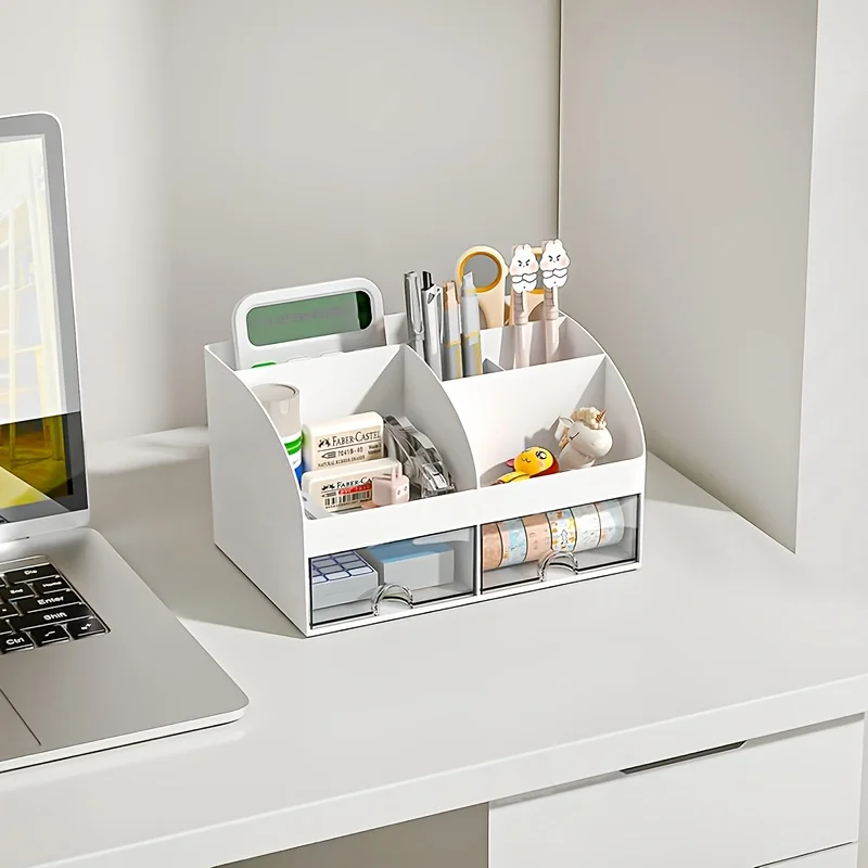 Organizer da scrivania a 6 scomparti con 2 cassetti, contenitore in plastica per cosmetici, set organizer da scrivania, portapenne, perfetto per l'organizzazione - immagine 5