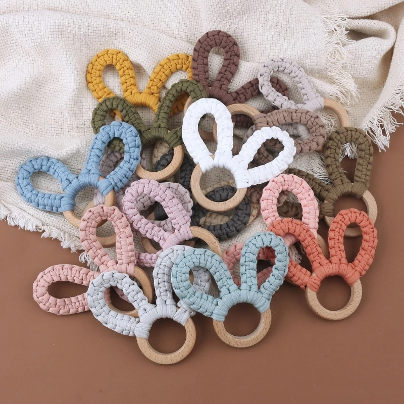 

BPA Free Beech Wood Baby Teether Crochet Rabbit Ear Wooden Teething Ring Newborn Hand Hold Rattle Baby Play Gym Toy Teether