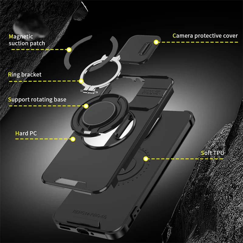 Enhanced Armor Case with Slide Camera Lens Protector and Ring Holder Cover
