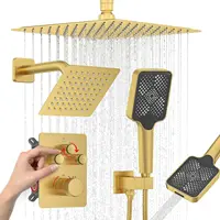 Thermostatic Shower System with Adjustable Water Flow Push Button Diverter Square Dual Shower Heads Faucet Set 1