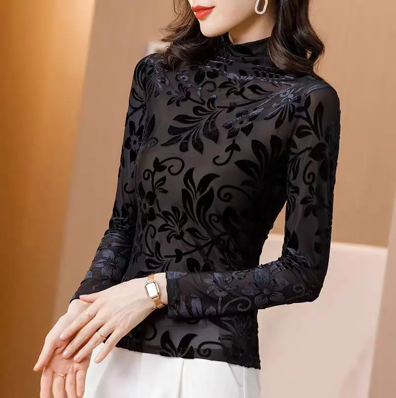 High Collar T Shirt - Korean Fashion Floral Mesh Long Sleeve Tees For Women