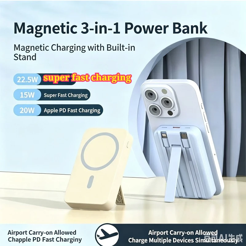 10000mAh/20000mAh 22.5W 마그네틱 파워 뱅크 무선 충전 (케이블 2개 포함) 슬림 휴대용 보조배터리 아이폰 15 16 17 삼성용