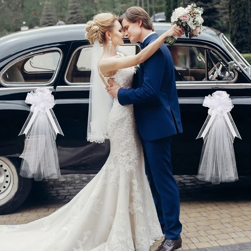 1/4pcs Large White Wedding Bow with Long Tulle Tails for Church Aisle Chair Wedding Car Decoration Festival Party Decor Supplies