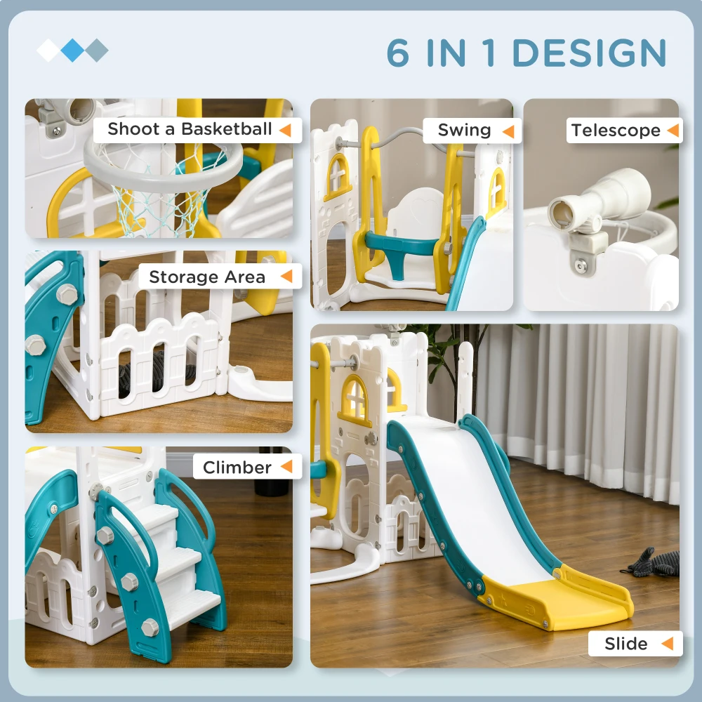 6 in 1 Toddler Slide and Swing Set, Baby Slide for Age 1-3 Years with Basketball Hoop, Climber, Storage Space, Telescope, Indoor 6