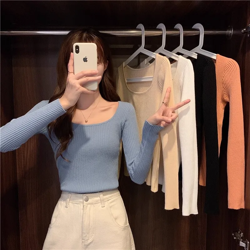 Frauen Grundlegende Solide Square-neck Pullover Hohe Qualität Slim Fit Beiläufige Gestrickte Pullover Herbst Winter Langarm Basis Schicht tops – Detail 40