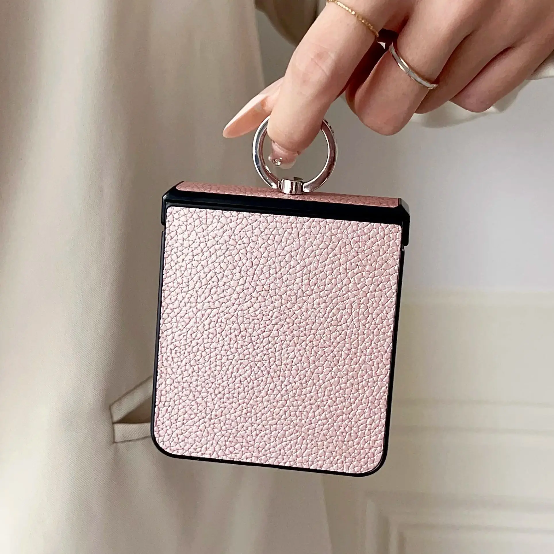 Litchi Texture Leather Foldable Phone Case with Ring Holder - Shockproof Protective Back Cover