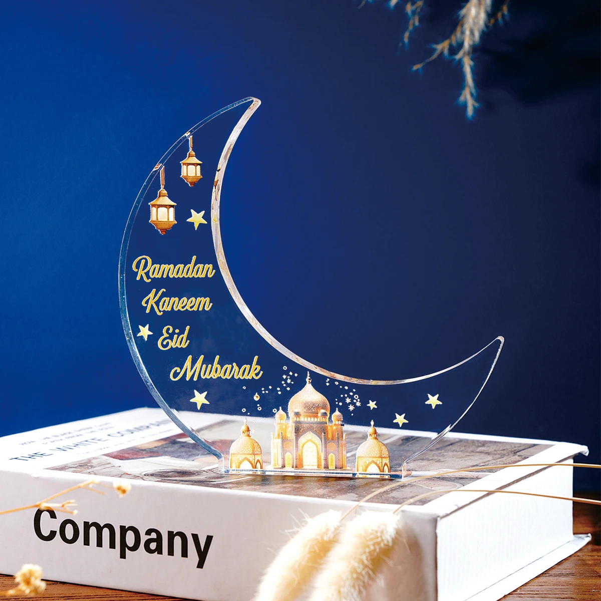 1PC, creative transparent moon-shaped acrylic Ramadan (رمضان) decorative ornament, festive table warm decorative statue ornament