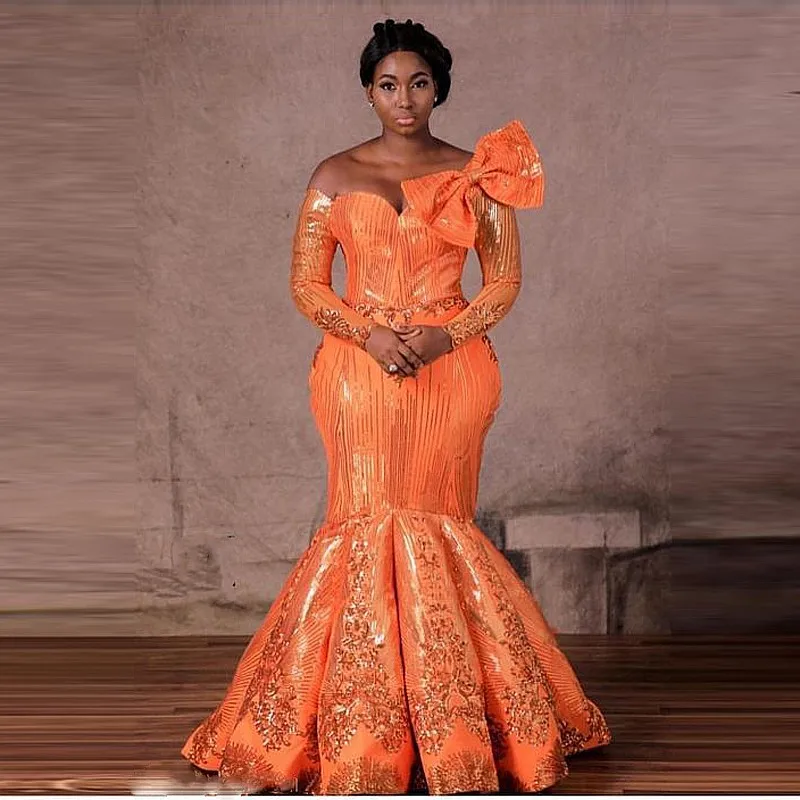 

Plus Size Applique Mermaid Evening Dress Big Bow vestidos de ocasión formales Long Sleeve African Orange Formal Dresses Gowns