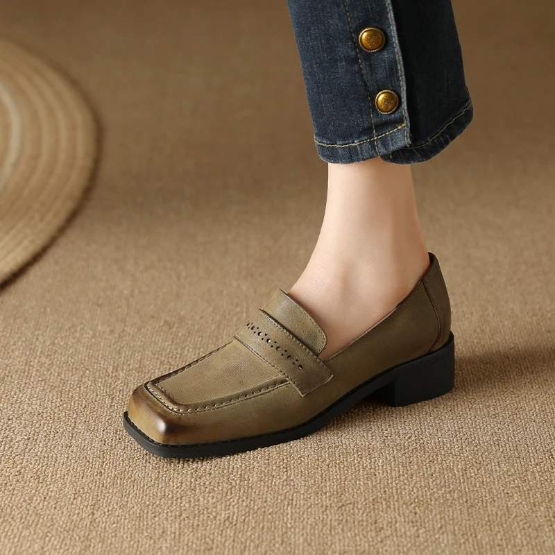 

Square Toe Daily Shoes Real Leather Cowhide Pumps Slip On Retro Style Woman Loafers New Spring Shoes Girls Dress Pumps