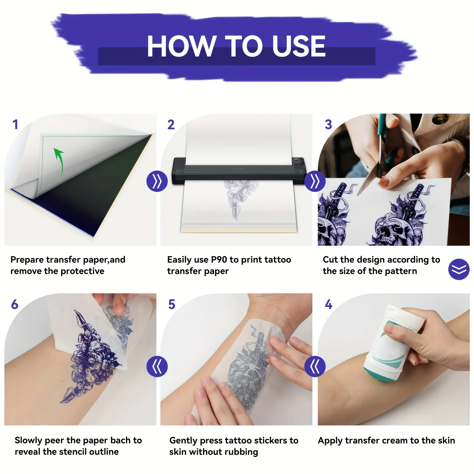 50개입 A4 타투 전사지 P90, M08F 및 기타 스마트폰/태블릿과 다양한 타투 프린터 모델과 호환 가능