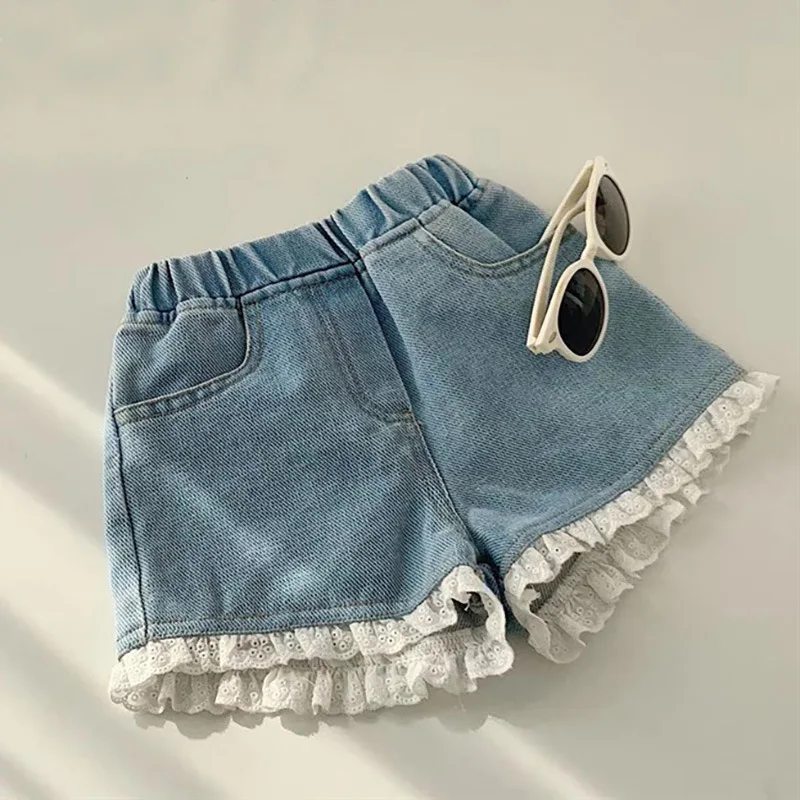 

Korean style Kids shorts Lace patchwork denim pants Girls soft all-match shorts 2-7Y