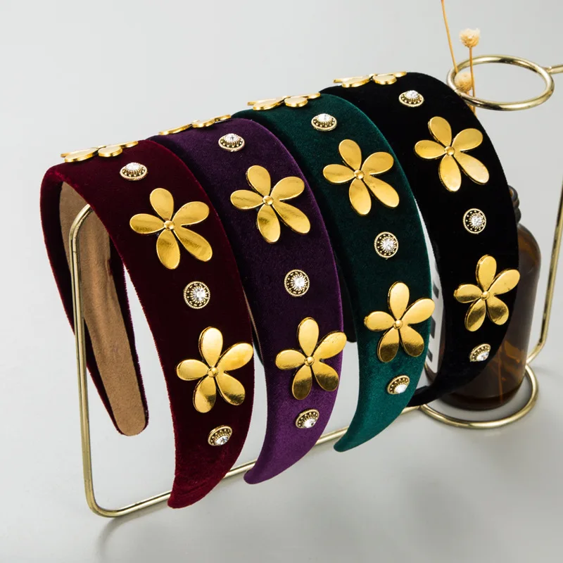 

New Wide-Brimmed Velvet Fabric Headband Alloy Flower Decorative Head Hoop European and American Headdress Wholesale