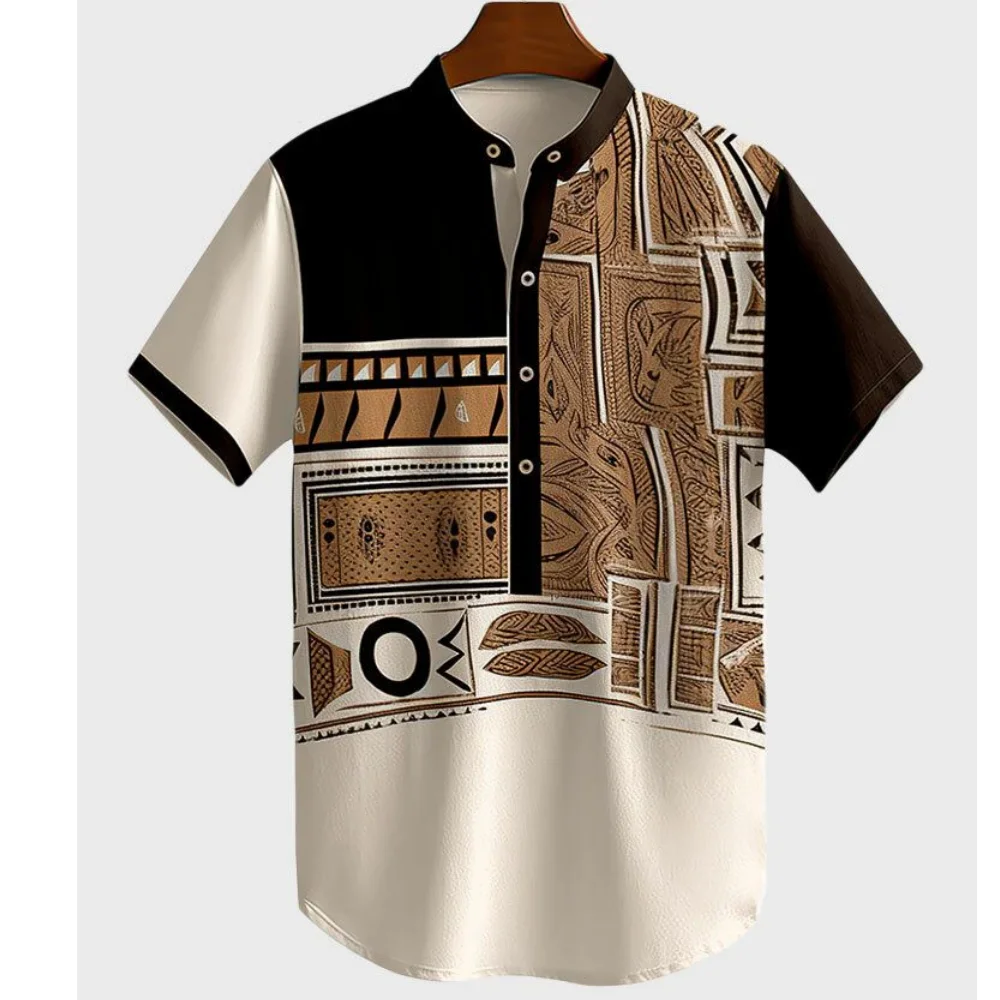 

Vintage Henley Men's Knitwear 3D Tribal Style Clothing Extra Large Short Sleeved Top Ethnic Street Loose Hawaiian Shirt