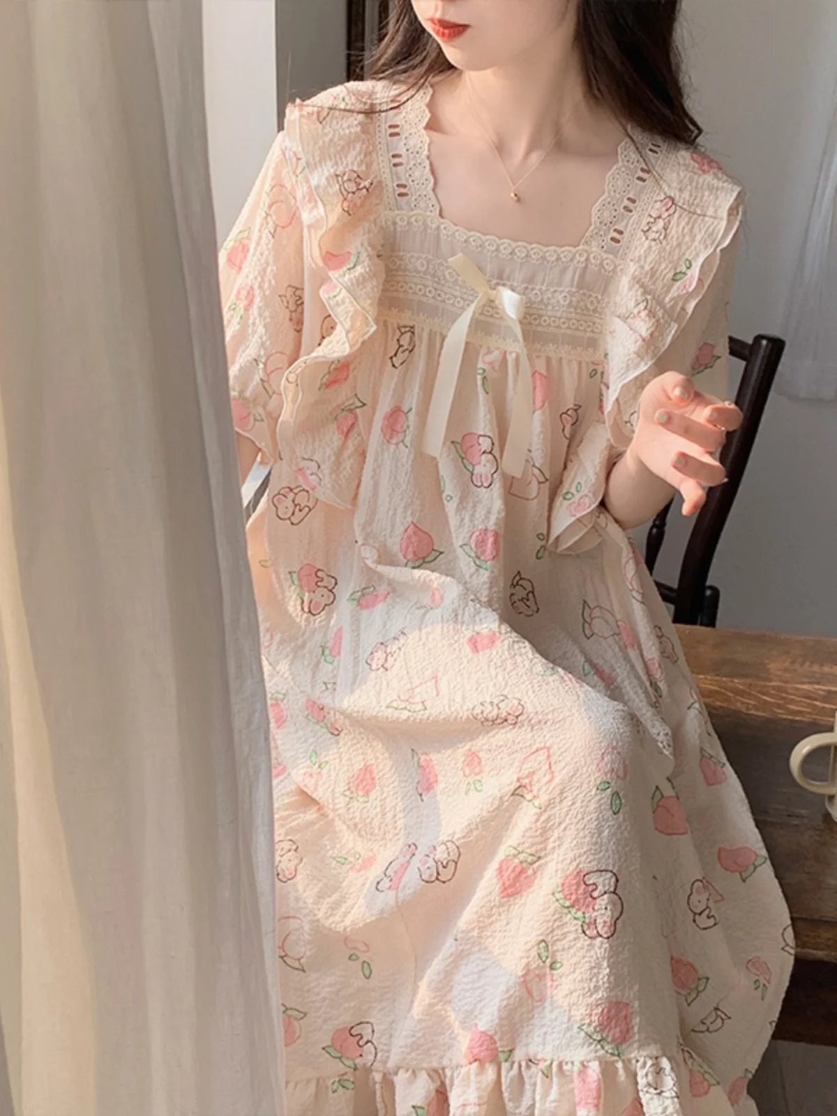 공주 스타일 순수 코튼 여름 잠옷 반팔 느슨한 여성 드레스 달콤한 귀여운 홈 의류 잠옷