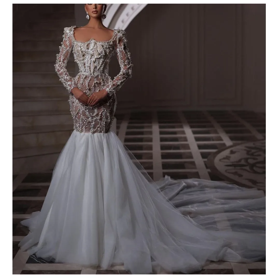 

Luxury Mermaid Wedding Dresses Long Sleeves Bateau Sequins Appliques 3D Lace Beaded Pearls Hollow Bridal Gowns Vestina De Novia