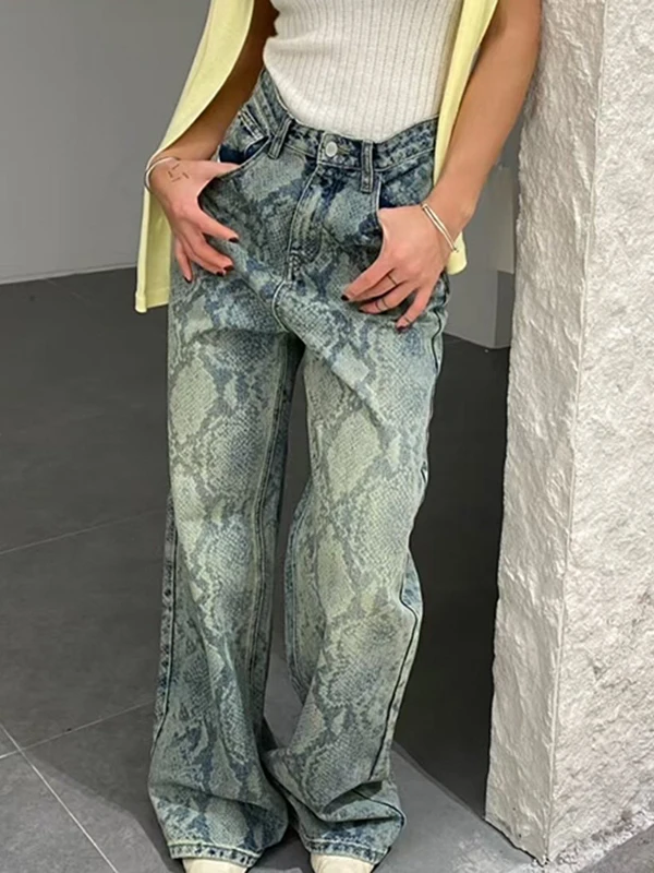 Romore High Street Lazy Snake Print Loose Wide Leg Pants Waed Denim Long Trousers Loose Fit l Waist Spring Summer Blue