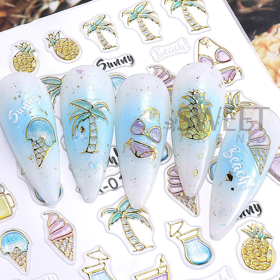 5D Bronzing Beach Coconuts Tree Summer Nail Art Stickers Gold Ice Cream Nail Decals Self Adhesive Nail Sliders Manicure Decor