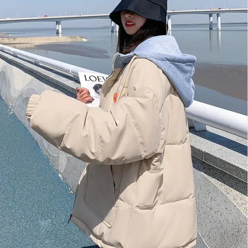 

2023 New Women Down Cotton Coat Winter Jacket Female Loose Thick Hooded Parkas Shortie Outwear Elastic Cuffs Overcoat