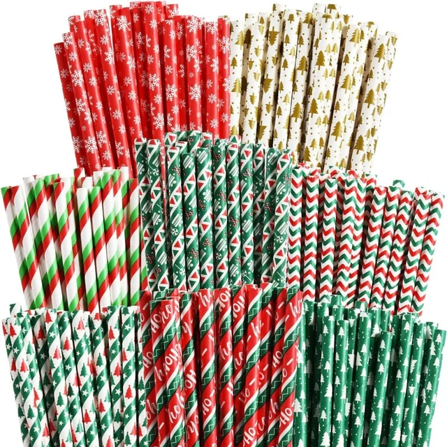 25PCS Christmas Paper Straws 8 Styles Striped Christmas Tree