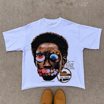 남성용 아메리칸 고딕 트렌드 빅 헤드 프린트 오버사이즈 티셔츠, Y2K 스트리트 힙합, 하라주쿠 캐주얼 패션, 반팔 탑