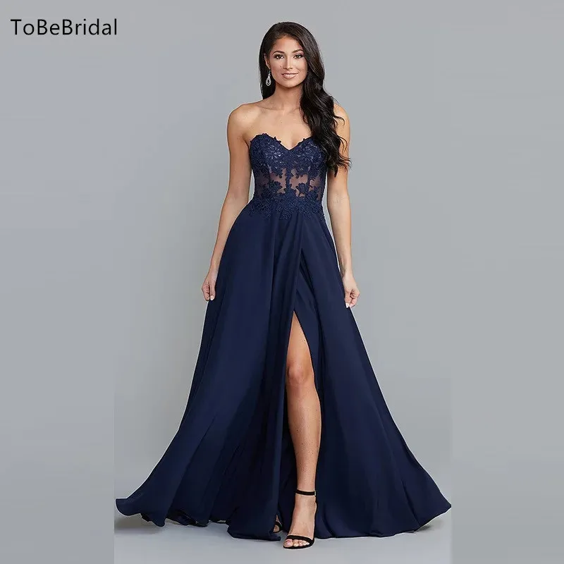 

ToBeBridal Evening Dresses For Women Sexy Strapless High Waist Wedding Party Dress A-Line Embroidered Decal Graduation Prom Gown