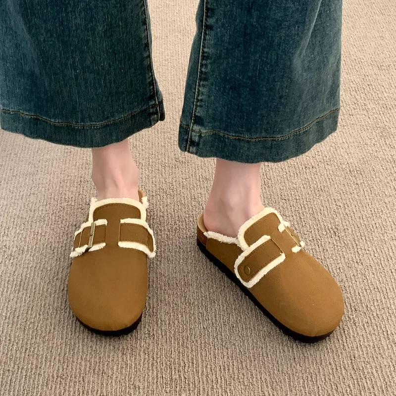 2025 Women's Baotou Slippers Spring New Fashion Round Head Suede Rivets Metal Buckle Anti-slip Wear-resistant Flat Shoes