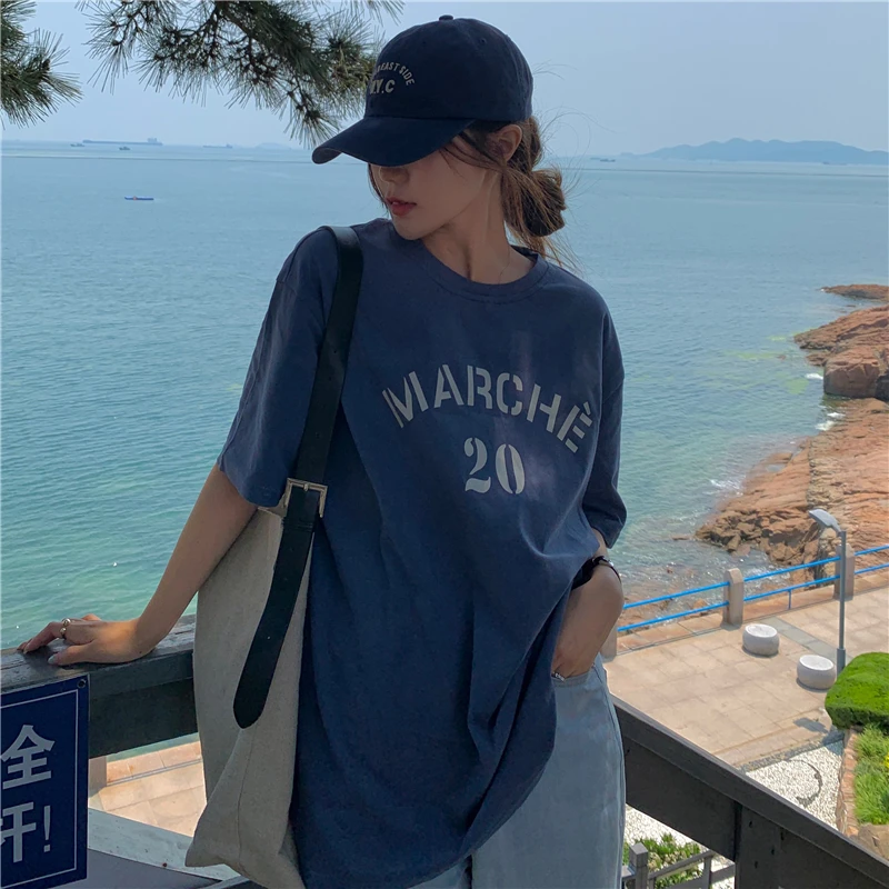 

Letter Printed Blue White T Shirt Short Sleeve Women Tops Summer Korean Style Basic Simple Fashion Loose Female T-shirt