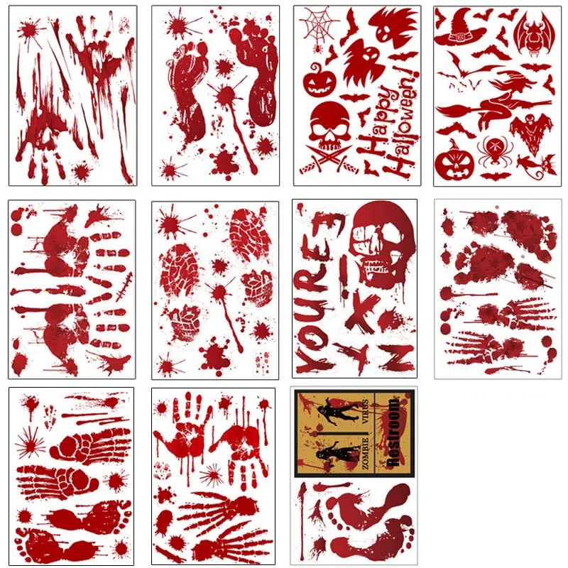 

2PCS Horror Blood Handprint Footprint Fingerprint Halloween Sticker Wall Window Floor Decor Horror Blood Sticker Haunted House
