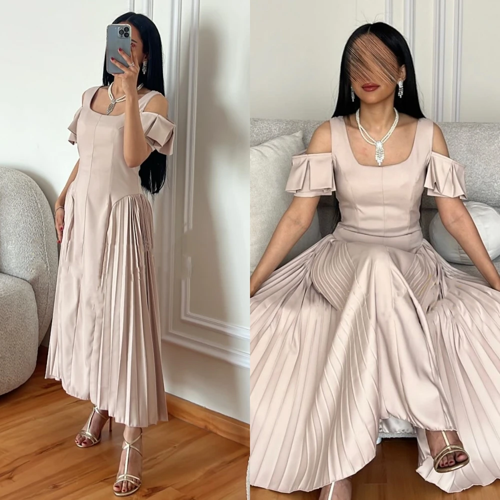 Prom Dress Saudi Arabia Satin Draped Ruched Quinceanera A-line Off-the-shoulder Bespoke Occasion Gown Long Sleeve Dresses