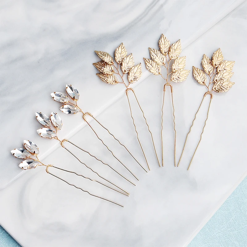 6pcs/lot Leaves Crystal Wedding Hair Pins Bridal Hair Clips Jewelry Accessories Headpieces for Women Hairpins