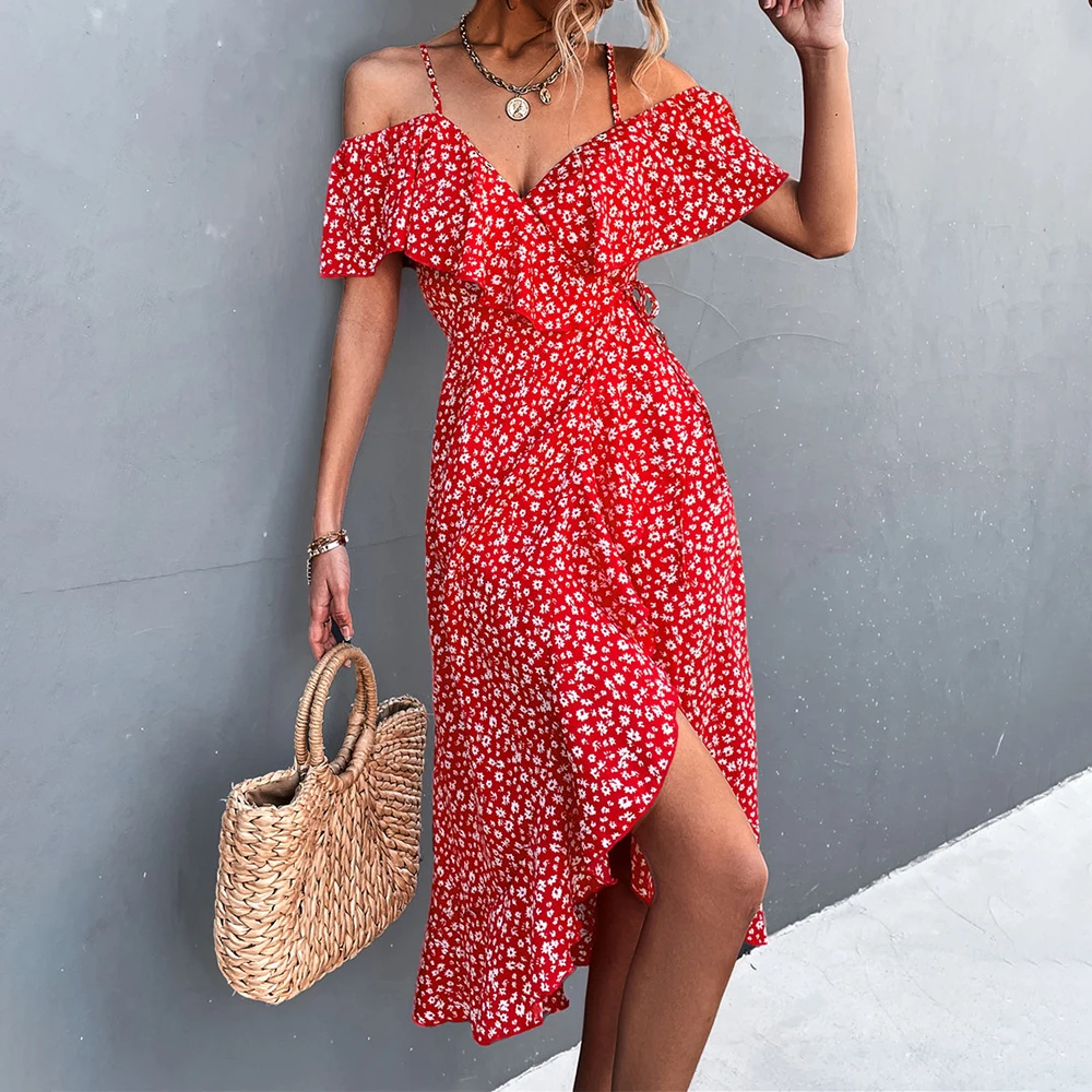 Vestido maxi con hombros descubiertos y volante superpuesto Rojo