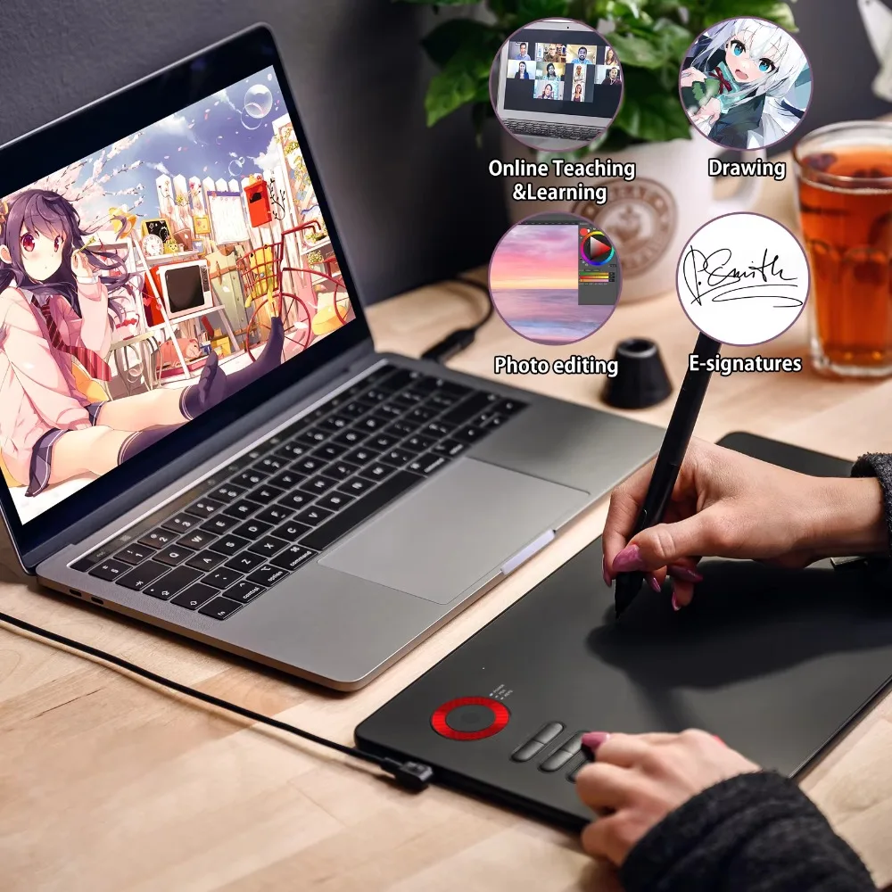A15PRO 드로잉 태블릿 16384 패시브 펜 12개 핫키 레드 다이얼 휠 10×6인치 OTG 그래픽 패드 안드로이드 맥 윈도우 스케치 디자인