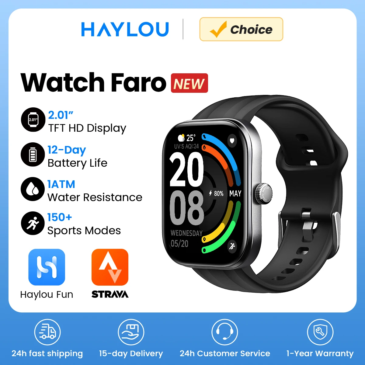 Montre connectée HAYLOU Faro avec appels vocaux, écran HD 2,01'', suivi de la santé 24h/24, plus de 150 modes sportifs, Bluetooth, pour hommes et femmes 1