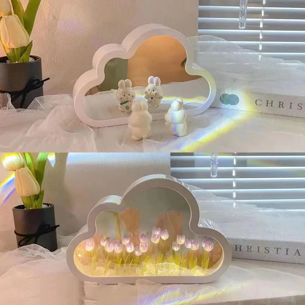 Tulip Night Light DIY Cloud LED Mirror Table Lamps Bedroom Ornaments Decor Bedside Photo Frame Handmade Gifts
