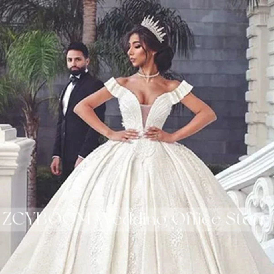 Luxuriöses Elfenbeinfarbenes Schulterfreies Ballkleid Dubai Hochzeitskleid 2026 Prinzessinnen-Spitzenapplikationen Kristallperlen Brautkleider Vestidos De Novia – Detail 6