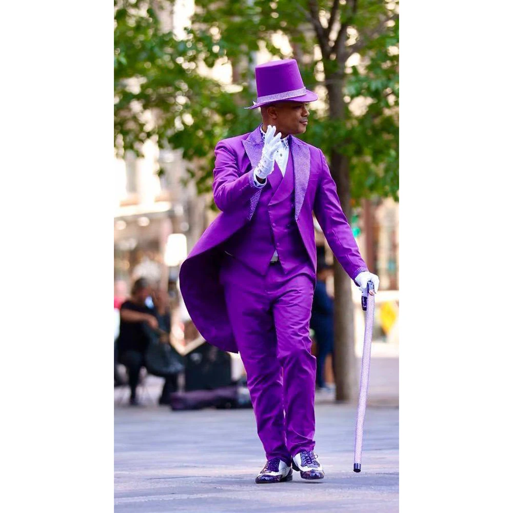 Four Meter Purple Fabric Mens Suits 3 Pieces Wedding Men Suit Tuxedos Groom Wear Tailor Made Suit Jacket Pants Vests