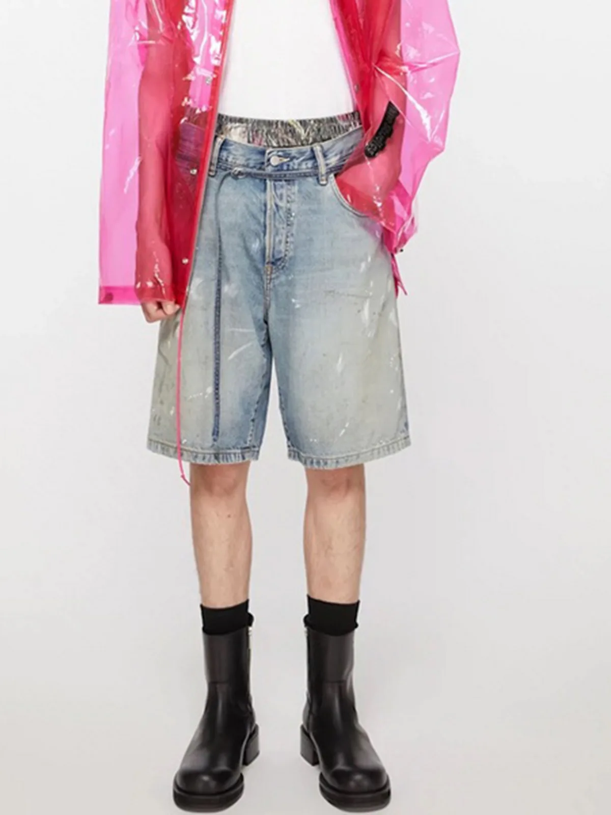 MIJKO Blue Shorts Ink Splashed Hand-painted Denim Shorts Men Washed Baggy Knee Length Jeans Pants
