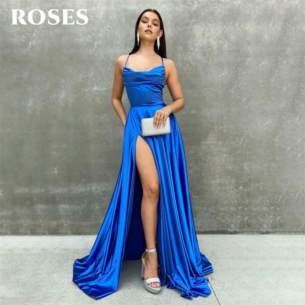 

ROSES Royal Blue Stain Charming Prom Dress Spaghetti Strap Side Split Formal Gown Lace Up Back Evening Gown vestidos de noche