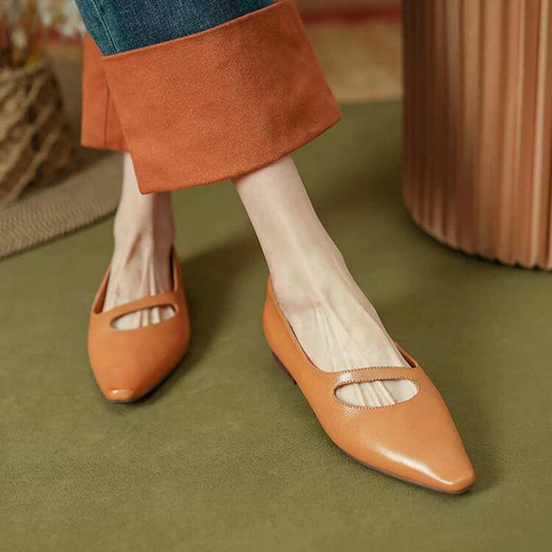 

NEW Autumn/Spring Women Pumps Genuine Leather Shoes for Women Square Toe Low Heel Women Shoes Concise Soft Brown Designer Shoes